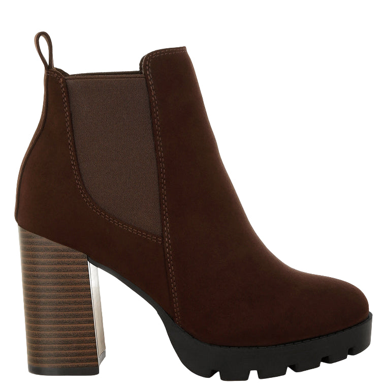 Brown ankle boot with a block heel on a white background