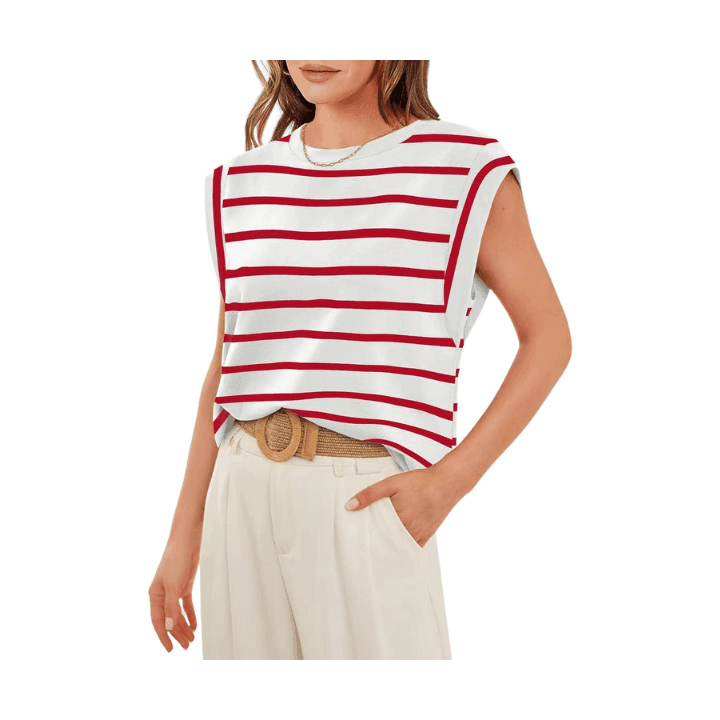 Striped Round Neck Cap Sleeve T-Shirt - VacationGrabs