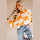 Orange Checkered Bishop Sleeve Sweater - VacationGrabs