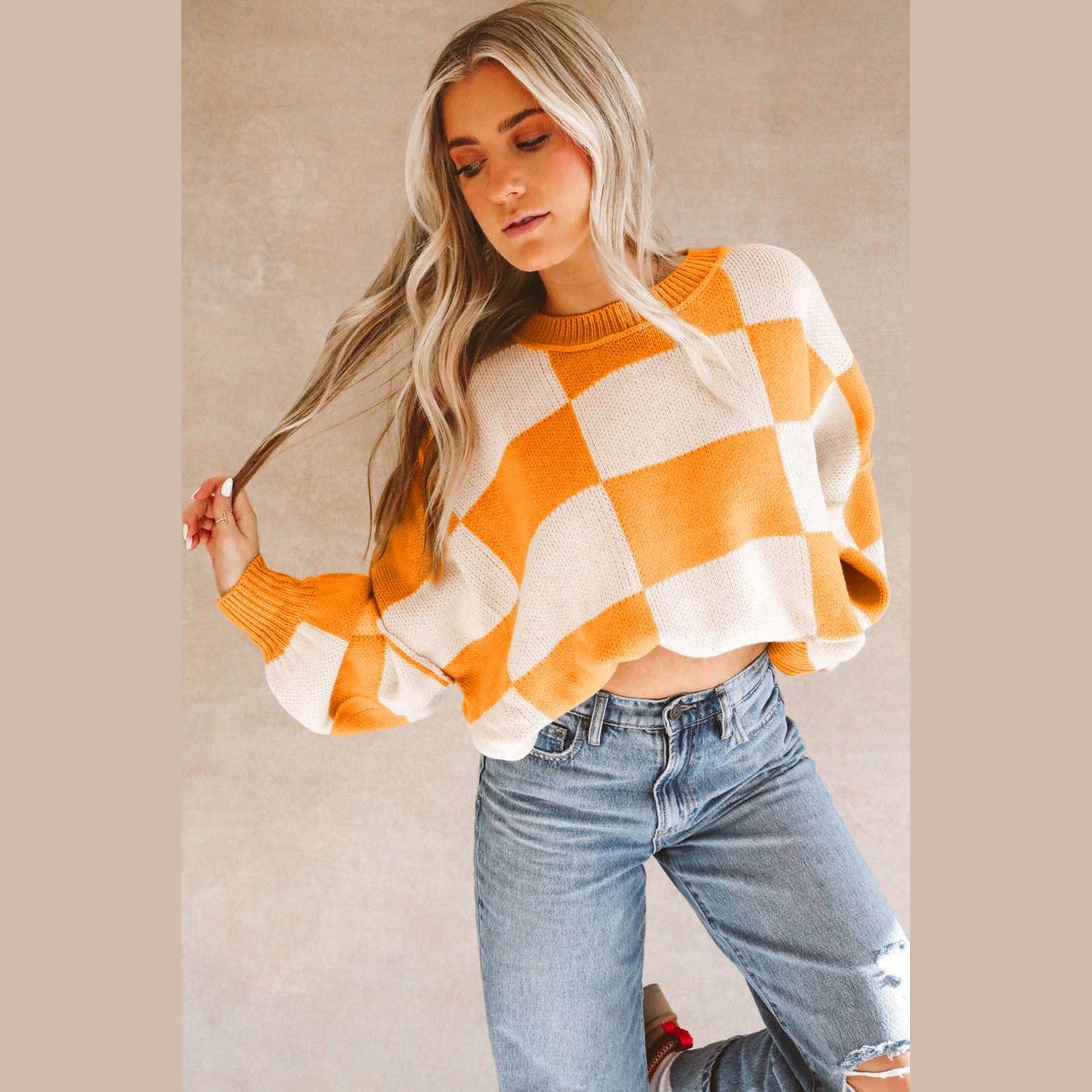 Orange Checkered Bishop Sleeve Sweater - VacationGrabs