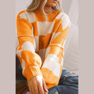 Orange Checkered Bishop Sleeve Sweater - VacationGrabs