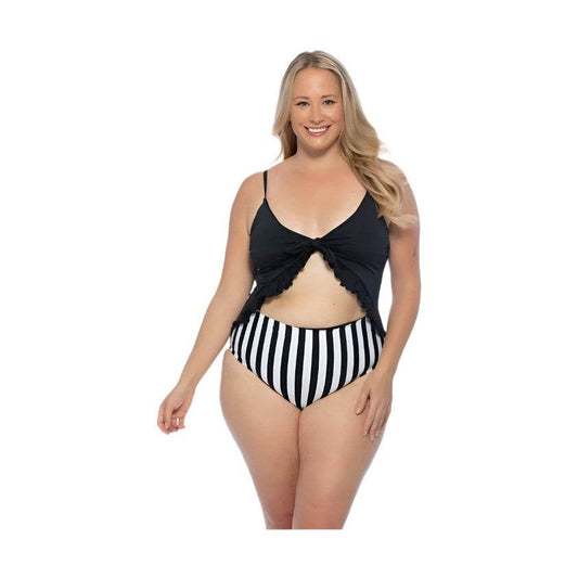 Black And Striped Cutout One Piece Swimsuit - VacationGrabs