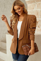Double Take Puff Sleeve Shawl Collar Blazer - VacationGrabs