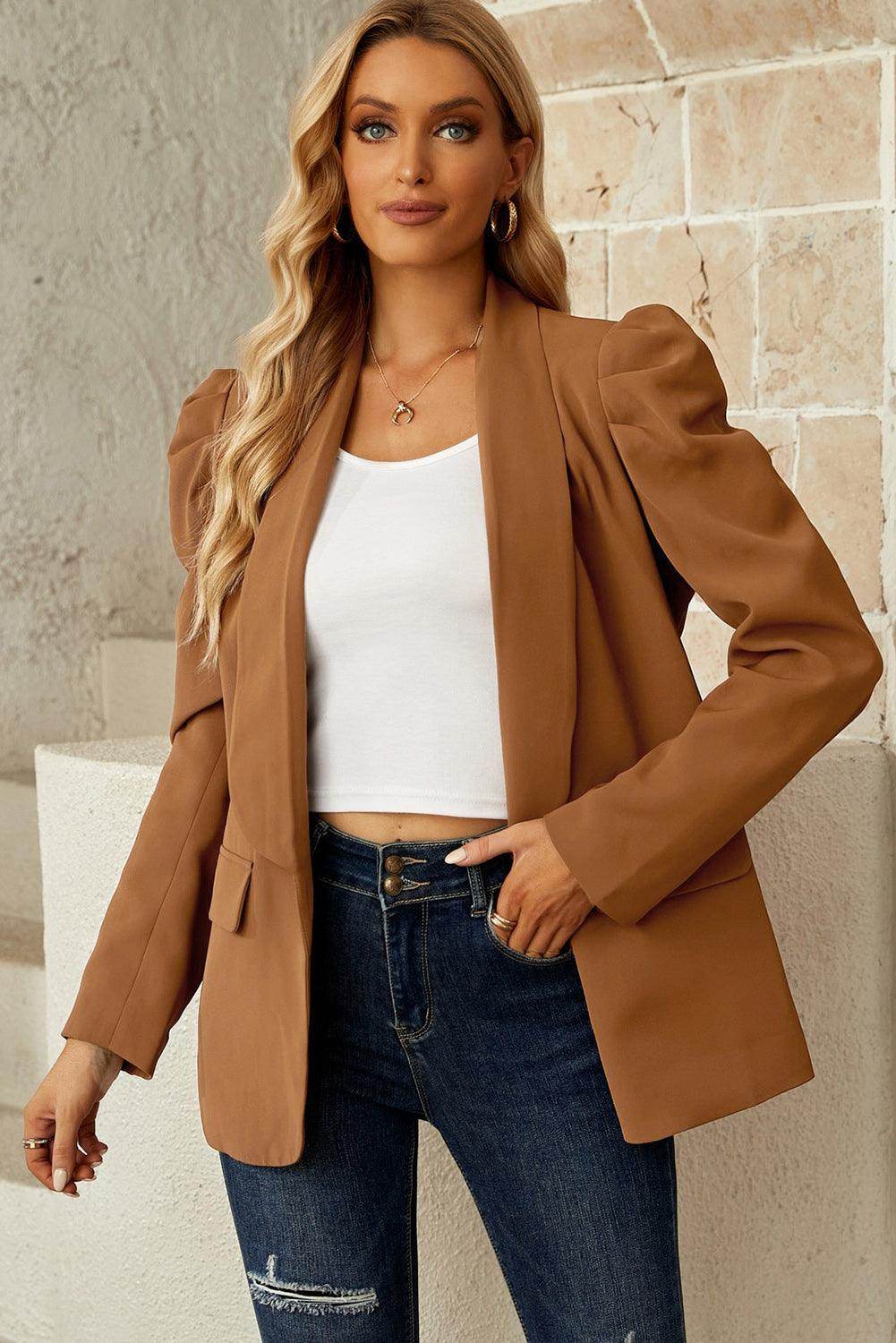 Double Take Puff Sleeve Shawl Collar Blazer - VacationGrabs