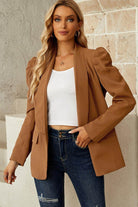 Double Take Puff Sleeve Shawl Collar Blazer - VacationGrabs