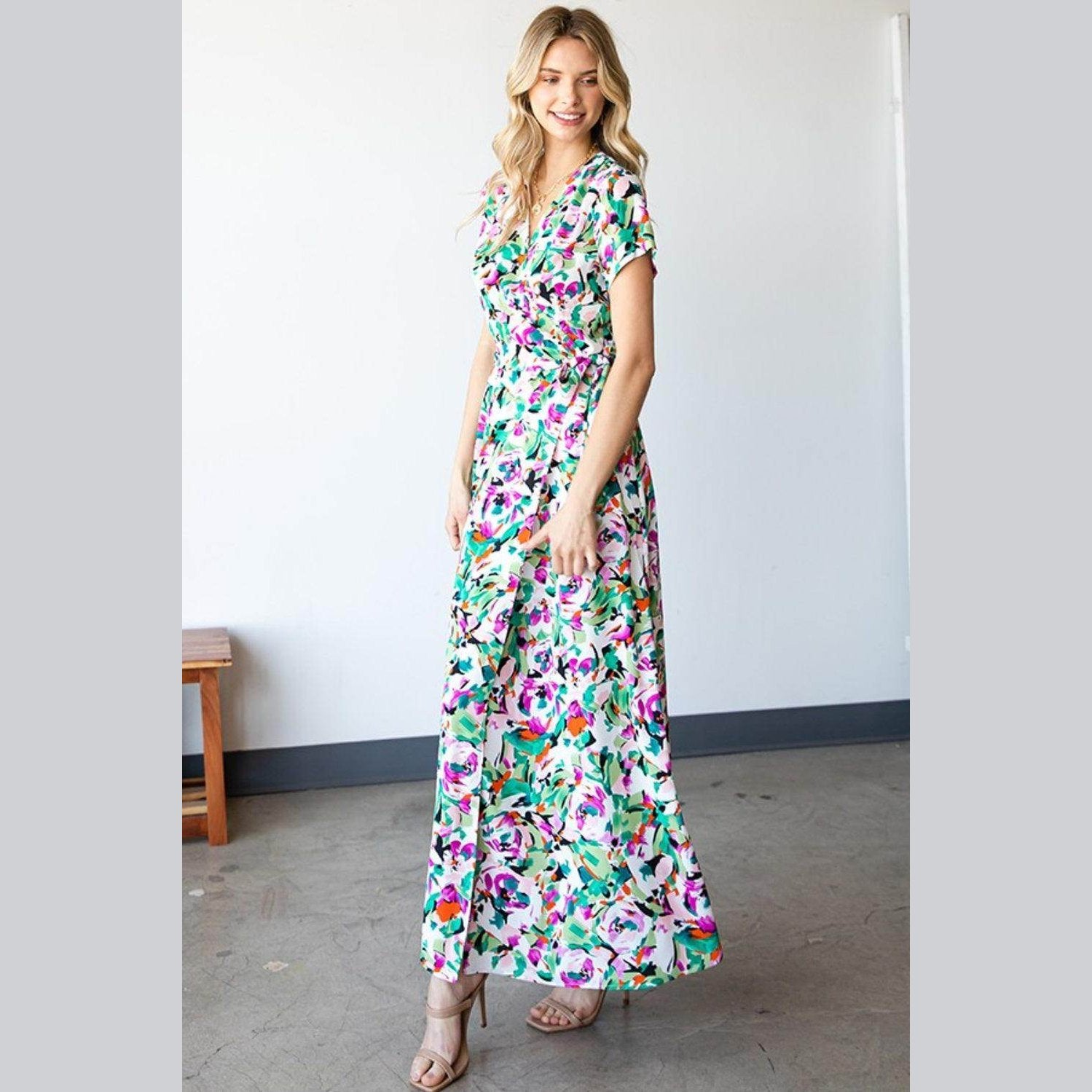 First Love Slit Printed Surplice Tie Waist Short Sleeve - VacationGrabs