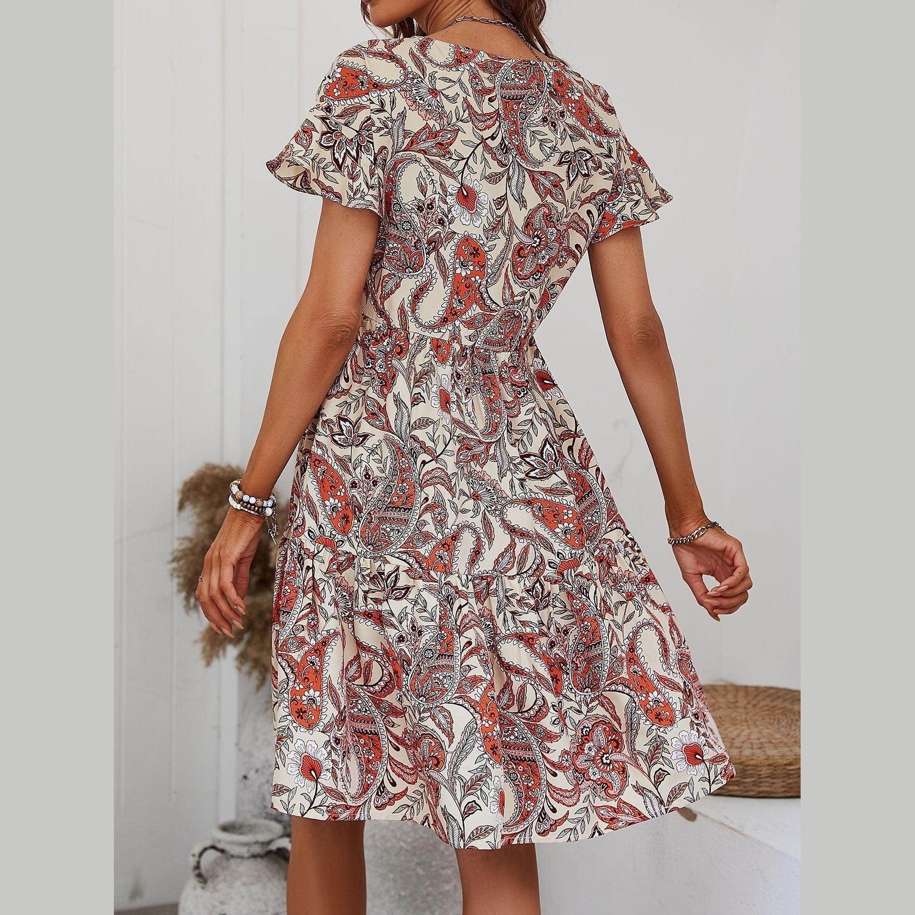 Printed V-Neck Tiered Dress - VacationGrabs