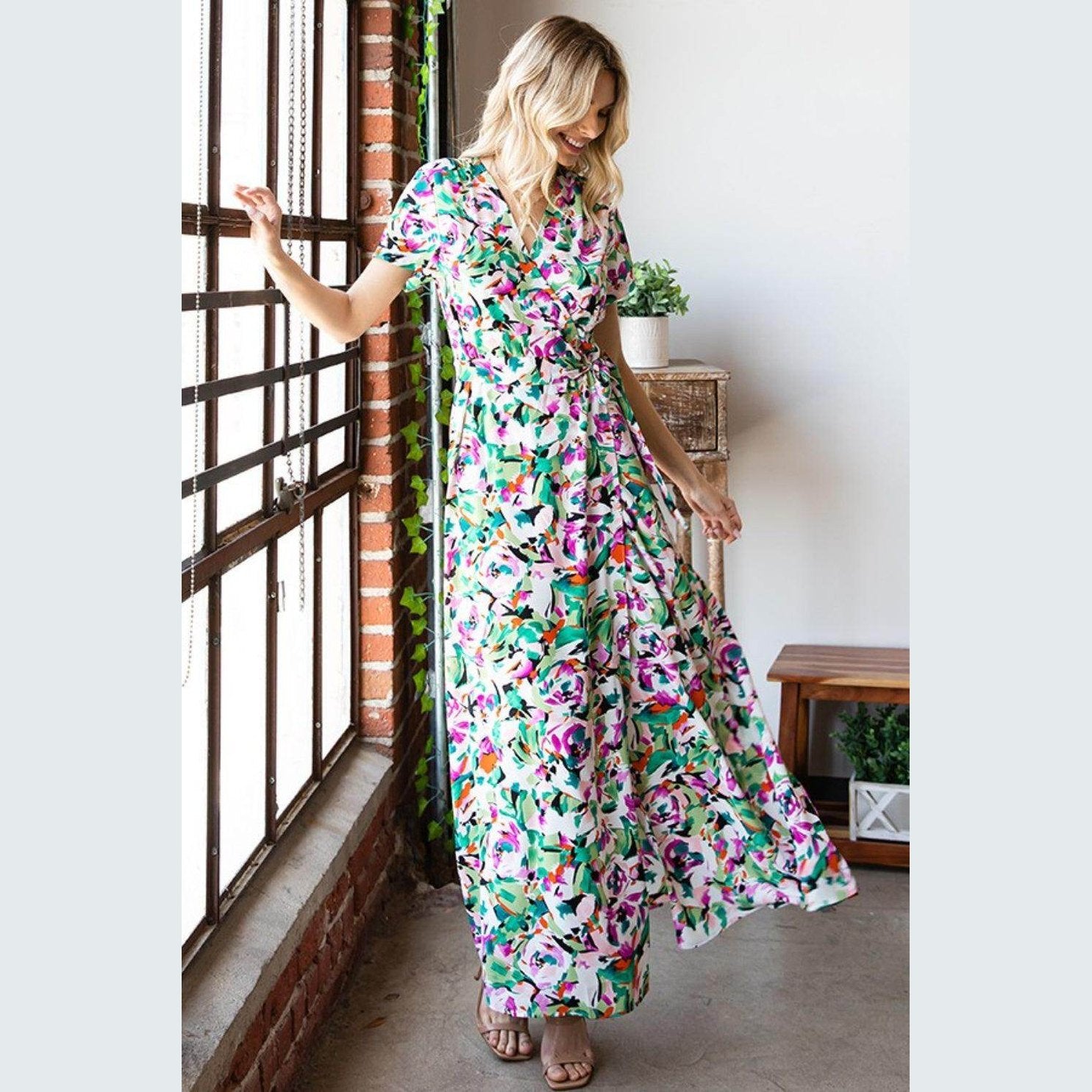 First Love Slit Printed Surplice Tie Waist Short Sleeve - VacationGrabs