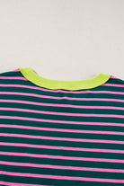 Green Stripe Oversized Contrast Trim Exposed Seam High Low T Shirt - VacationGrabs