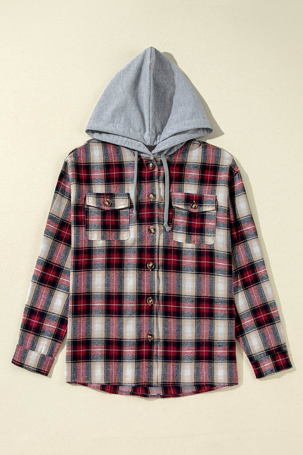 Red Plaid Print Chest Pocket Buttoned Hooded Shacket - VacationGrabs
