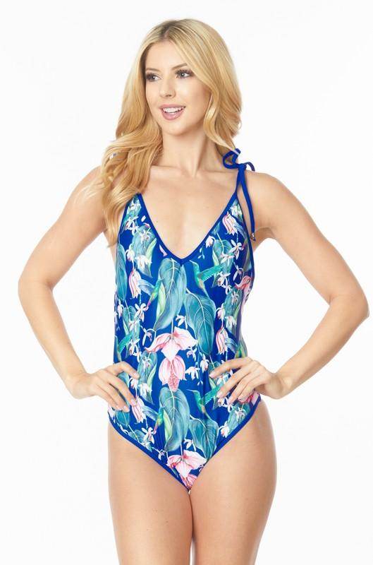 One Piece Bathing Suit Floral Print Shouler Top Ti - VacationGrabs
