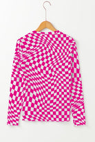 Long sleeve checkerboard shirt women in pink and white with a unique swirling pattern