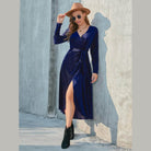 Tie Front Long Sleeve Slit Dress - VacationGrabs