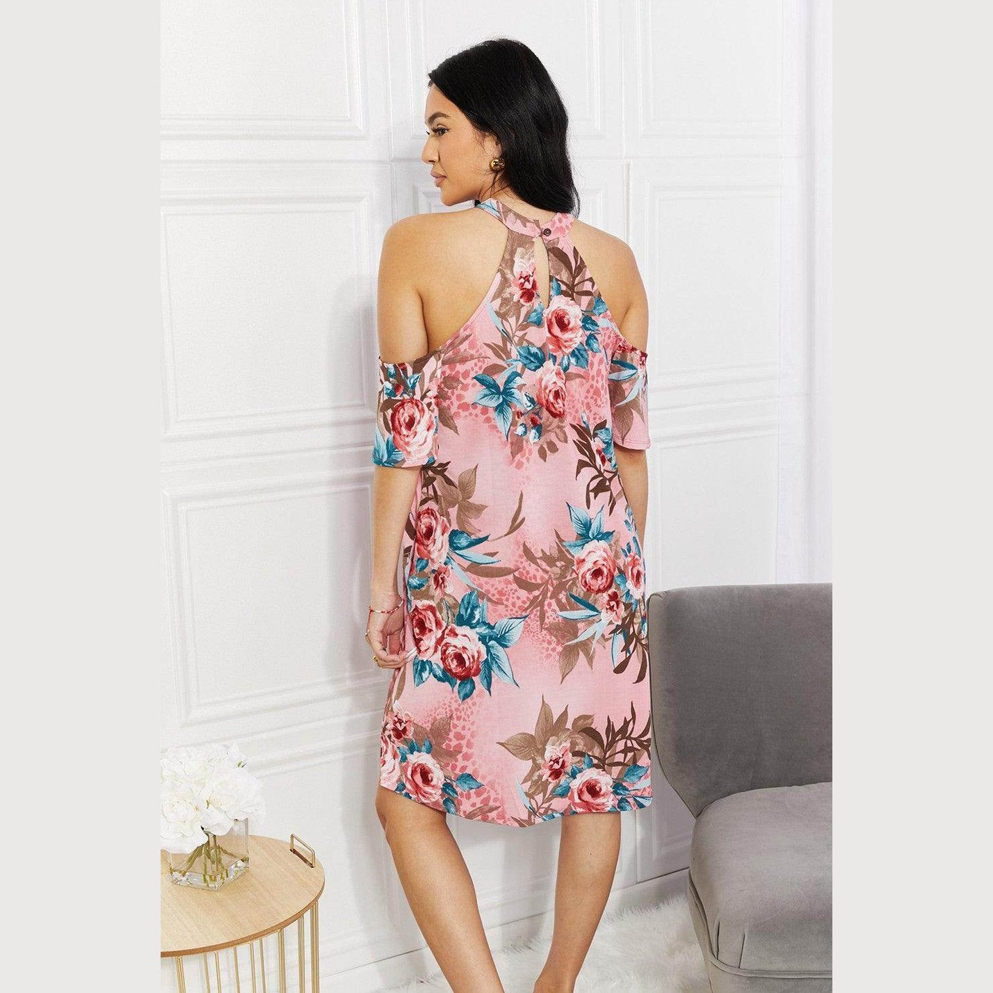 Sew In Love Full Size Fresh-Cut Flowers Cold-Shoulder Dress - VacationGrabs