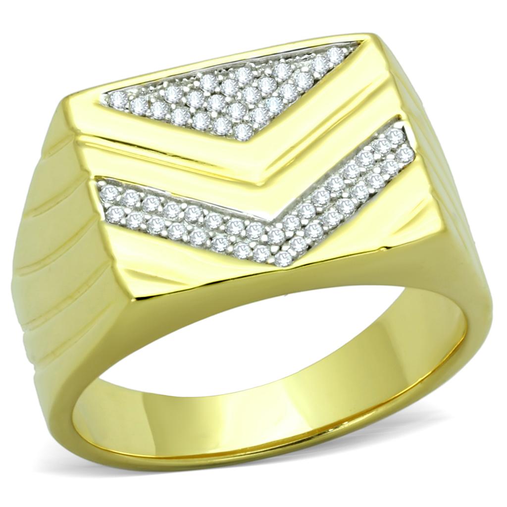 Stylish gold men's ring featuring AAA grade cubic zirconia ring for men in a chevron design