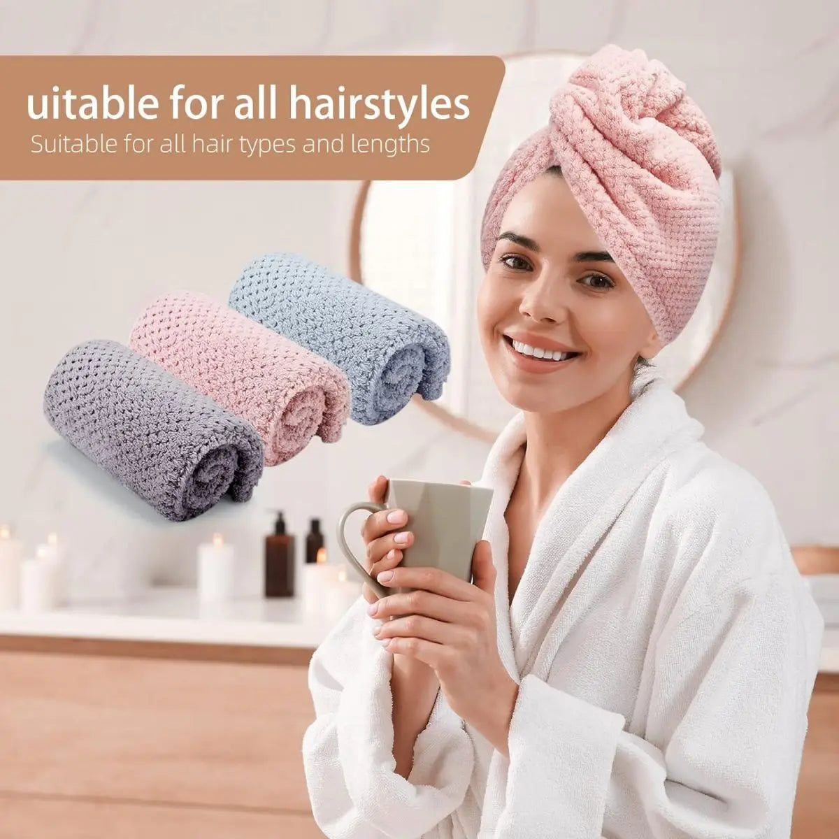 Absorbent hair towel wrap for women in pink and blue, ideal for drying hair