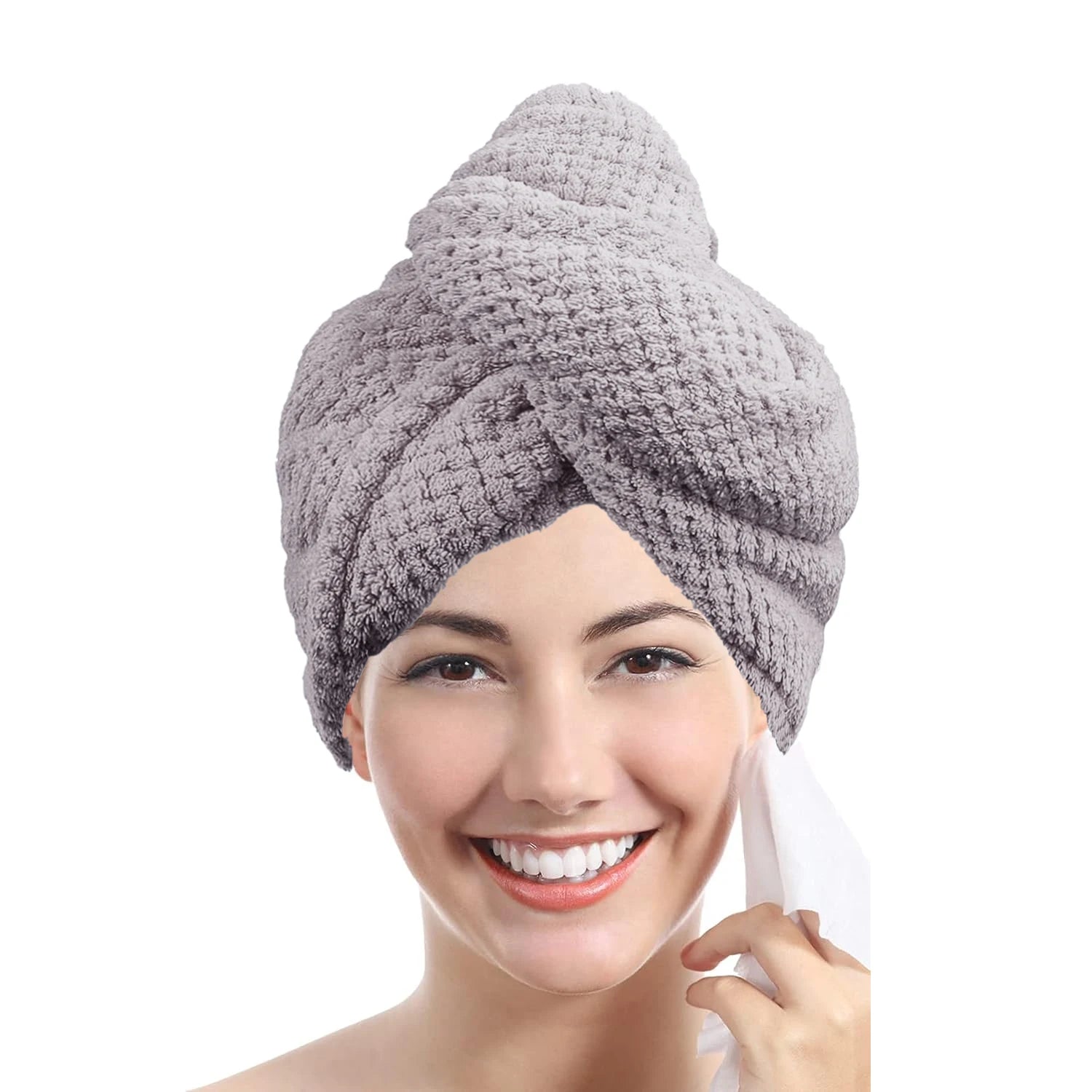Gray absorbent hair towel wrap for women, ideal for drying hair quickly