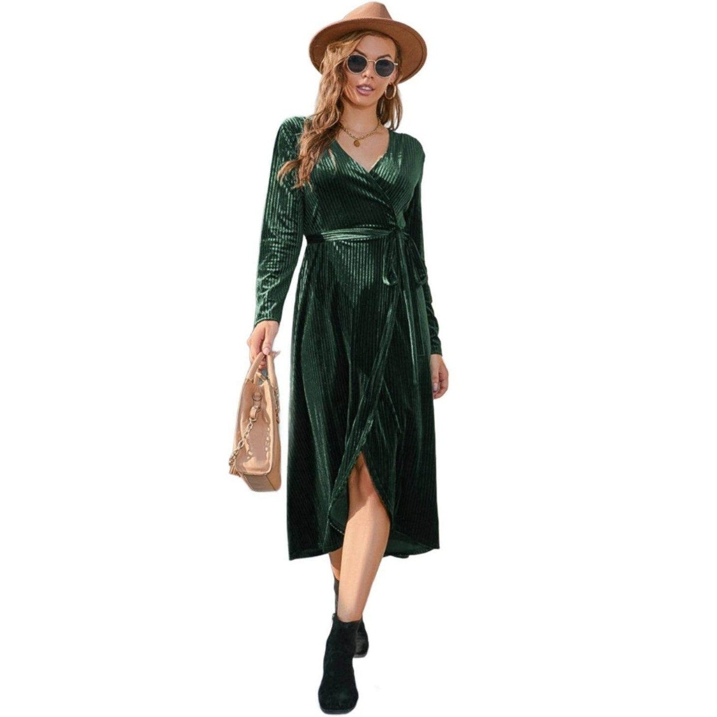Tie Front Long Sleeve Slit Dress - VacationGrabs