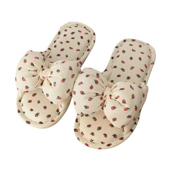Miss Sparkling women's adorable plush bow slippers with strawberry print on cream background