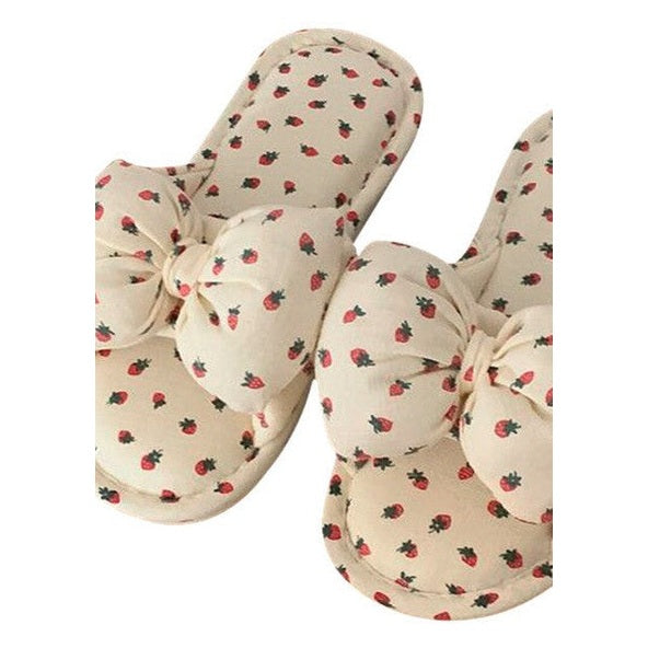 Miss Sparkling adorable plush bow slippers with strawberry print on soft cream fabric