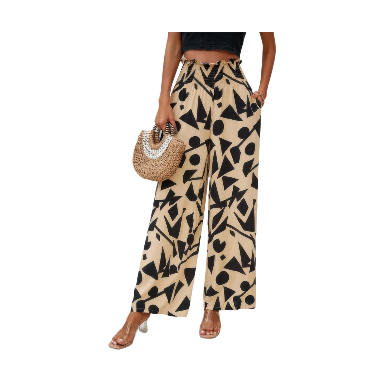 VacationGrabs women's beige wide-leg pants with black geometric shapes allover print vacation pants