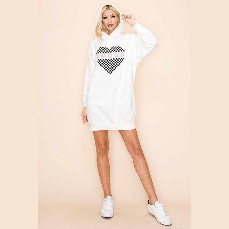 Andante USA Amour sweatshirt dress in white with checkered heart design and hooded style