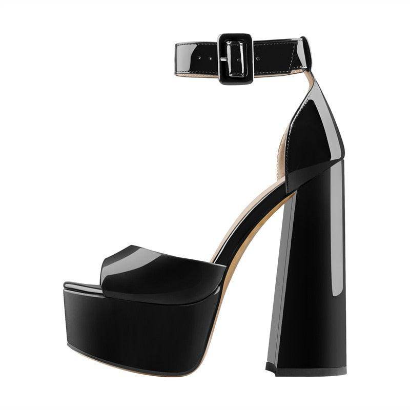 VacationGrabs black ankle strap square heel sandals with glossy finish and a stylish platform