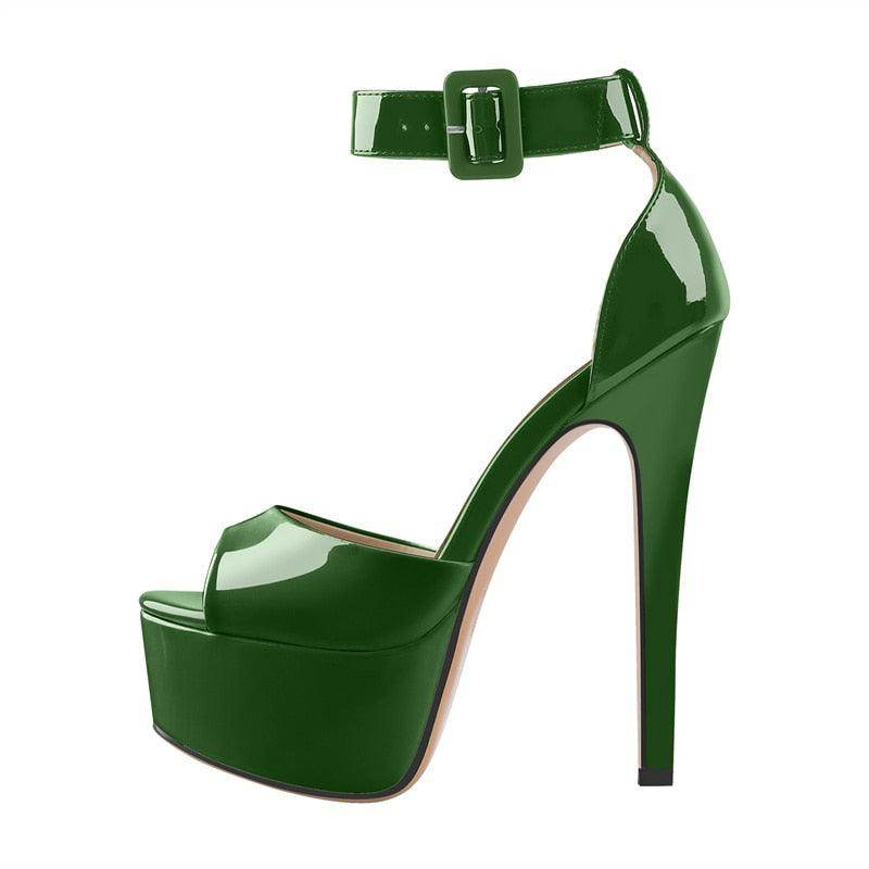 Green patent ankle strap stilettos with a platform heel for stylish women's footwear