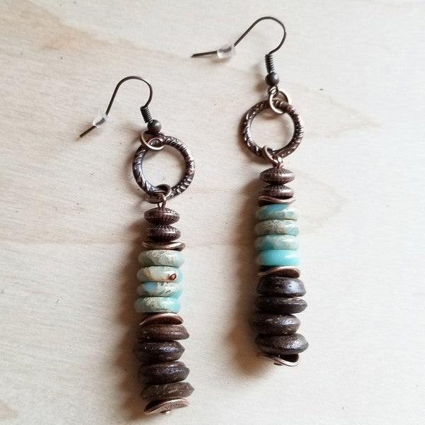 Aqua terra and wood earrings featuring stacked beads in turquoise and earthy tones