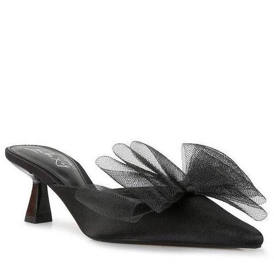 Asma Organza Bow Embellished Satin Mules - VacationGrabs