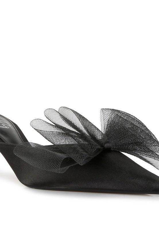 Asma Organza Bow Embellished Satin Mules - VacationGrabs