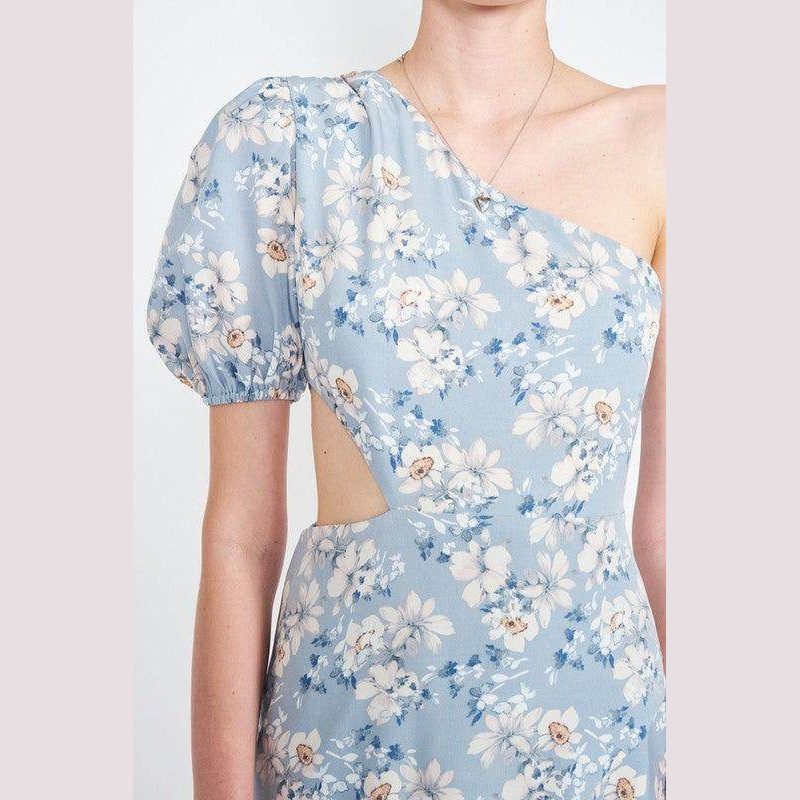 Emory Park floral asymmetric one shoulder dress with puff sleeve and cut-out detail for a stylish look