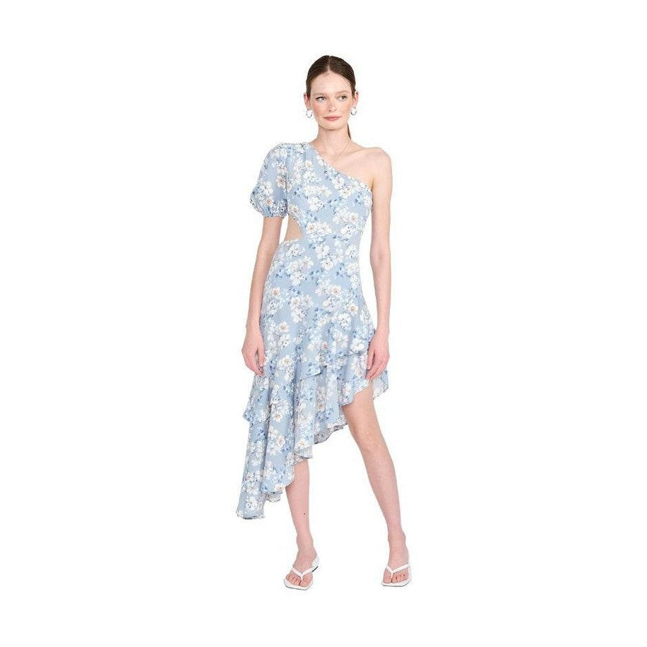 Emory Park asymmetric one shoulder dress in light blue floral design with ruffled hem for stylish summer outings