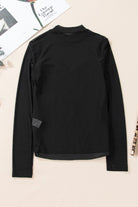 YNIQUE black long sleeve back view holiday party sequin blouse flat lay with mock neck
