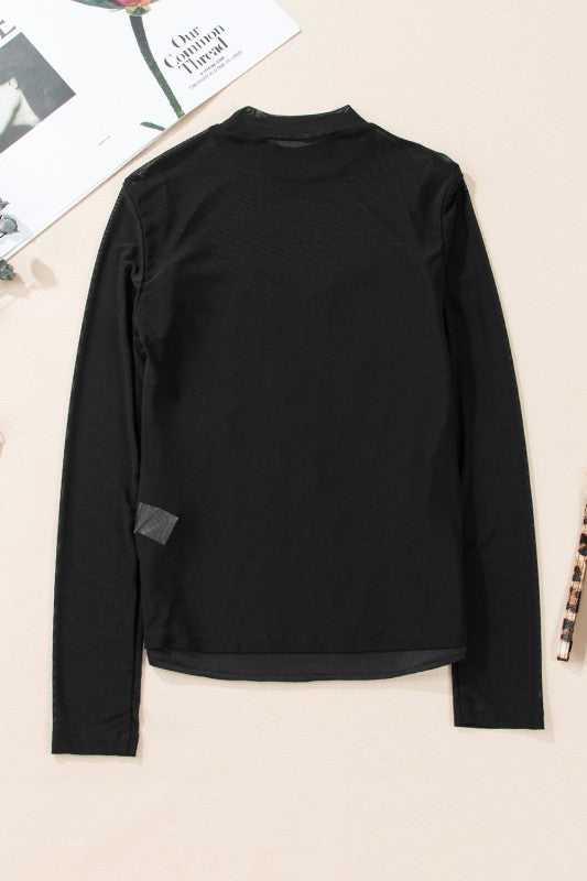 YNIQUE black long sleeve back view holiday party sequin blouse flat lay with mock neck