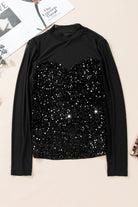 YNIQUE holiday party sequin blouse black long sleeve mock neck with sparkling sequin bust panel