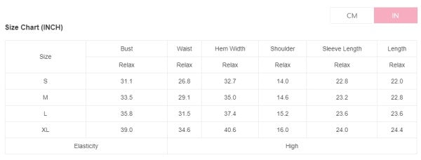 YNIQUE holiday party sequin blouse size chart in inches showing bust waist hem shoulder sleeve length measurements