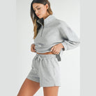 Women’s grey vacation athleisure wear for women set with quarter zip pullover and drawstring shorts