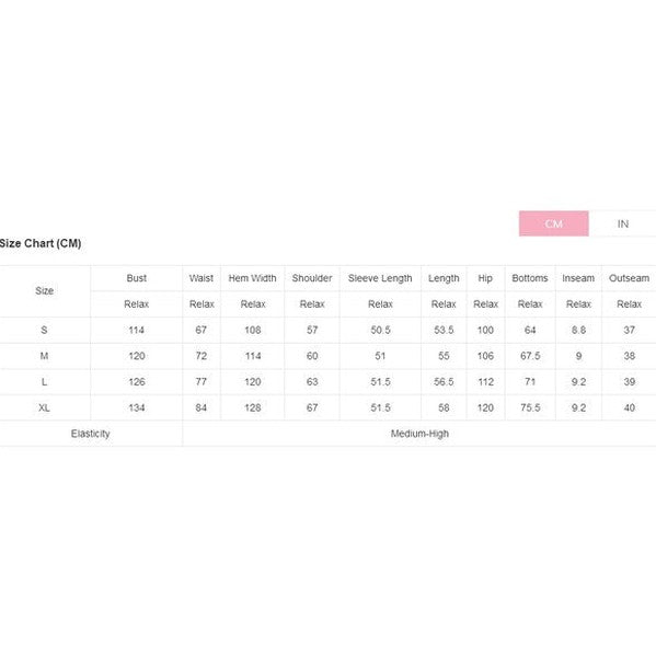 YNIQUE size chart for vacation athleisure wear for women showing measurements in centimeters for bust waist hips and more
