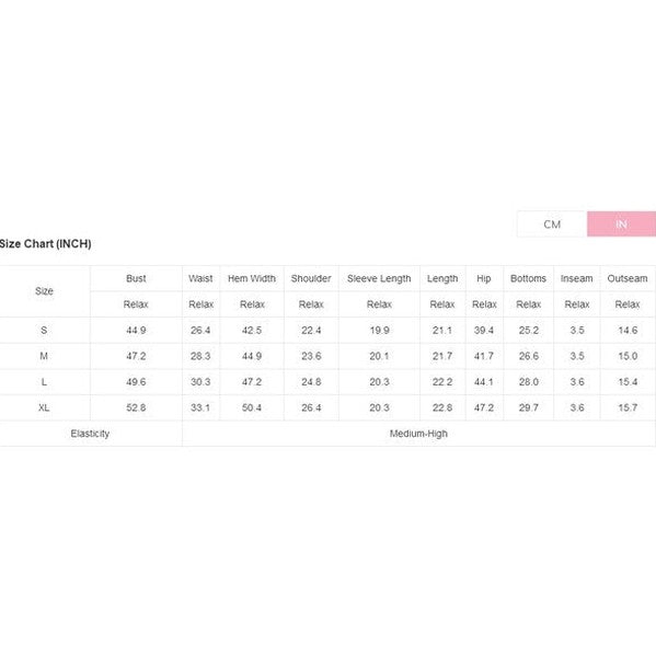 Size chart in inches for vacation athleisure wear for women showing bust waist hip and length measurements