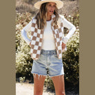 Khaki Checkered Sherpa Collared Jacket Vest - VacationGrabs