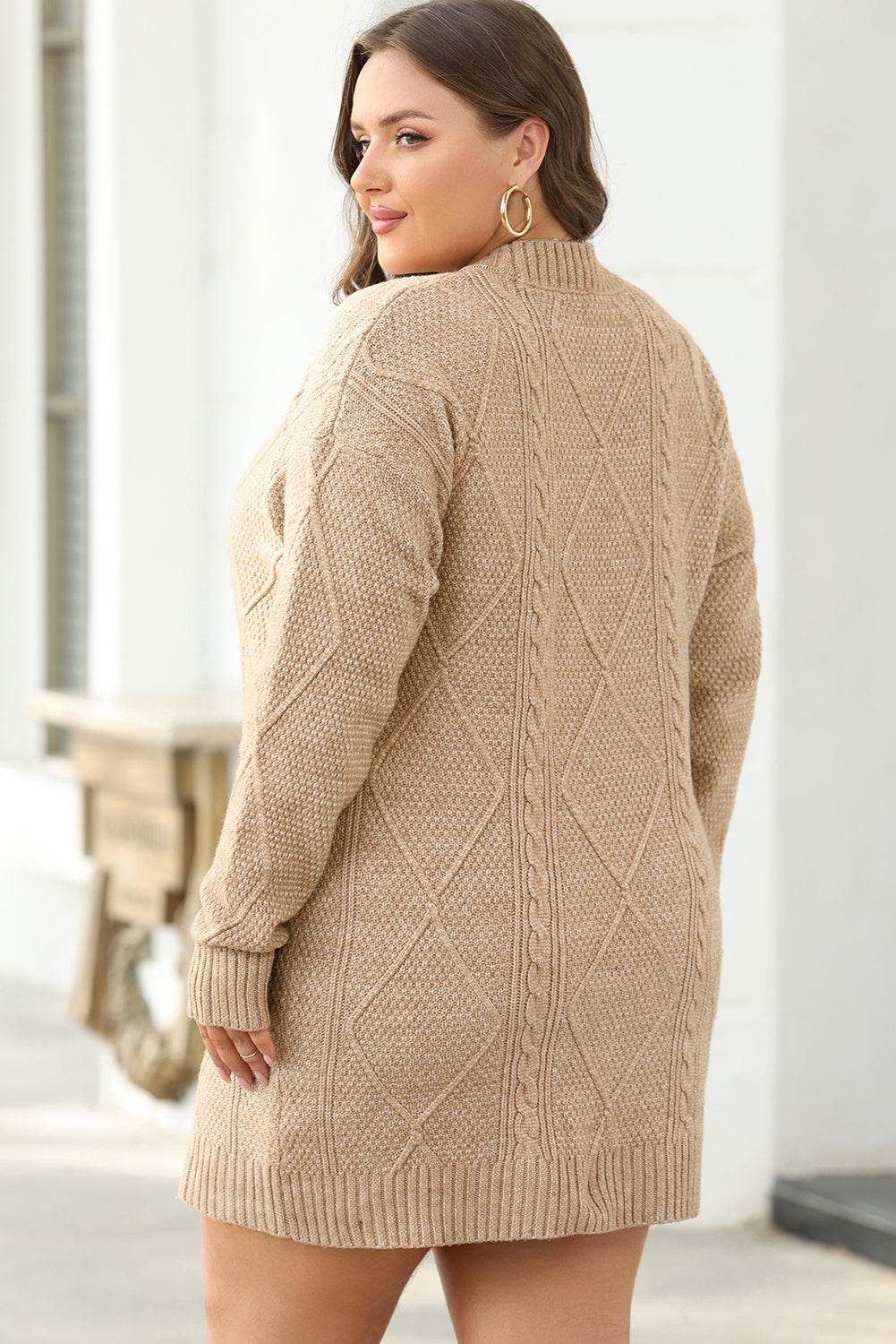 Parchment Cable Knit Drop Shoulder Loose Fit Sweater Dress - VacationGrabs