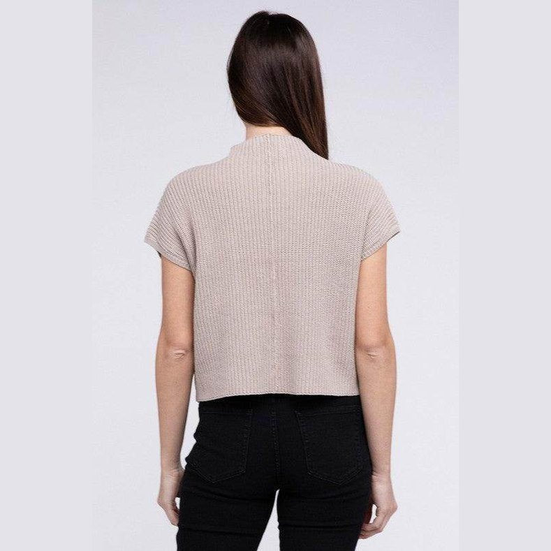 Mock Neck Short Sleeve Cropped Sweater - VacationGrabs