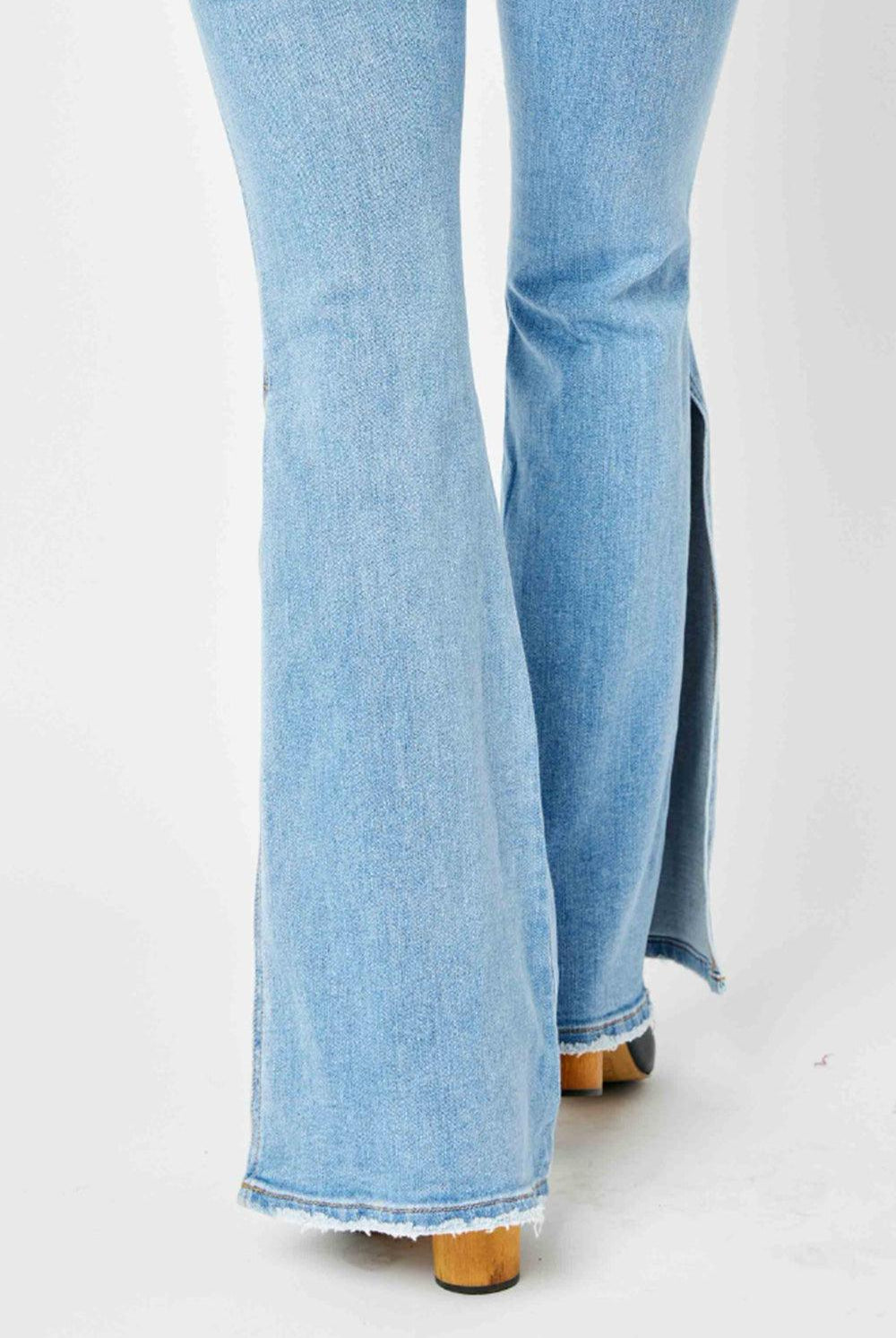 Women's Jeans Judy Blue Full Size Mid Rise Raw Hem Slit Flare Jeans