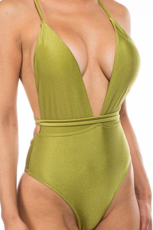 Deep V-Neck One-Piece Bathing Suit - VacationGrabs