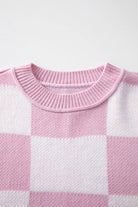 Pink Checkered Bishop Sleeve Sweater - VacationGrabs