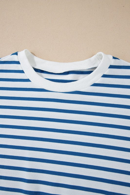JUNIPER BLVD striped drop shoulder sweatshirt in blue and white with a classic crew neck design