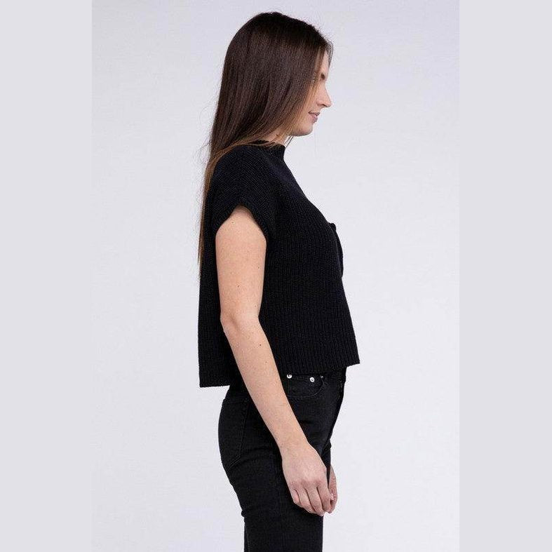 Mock Neck Short Sleeve Cropped Sweater - VacationGrabs