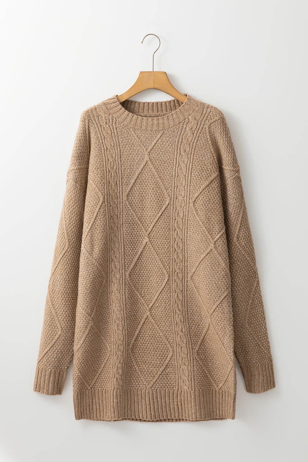 Parchment Cable Knit Drop Shoulder Loose Fit Sweater Dress - VacationGrabs