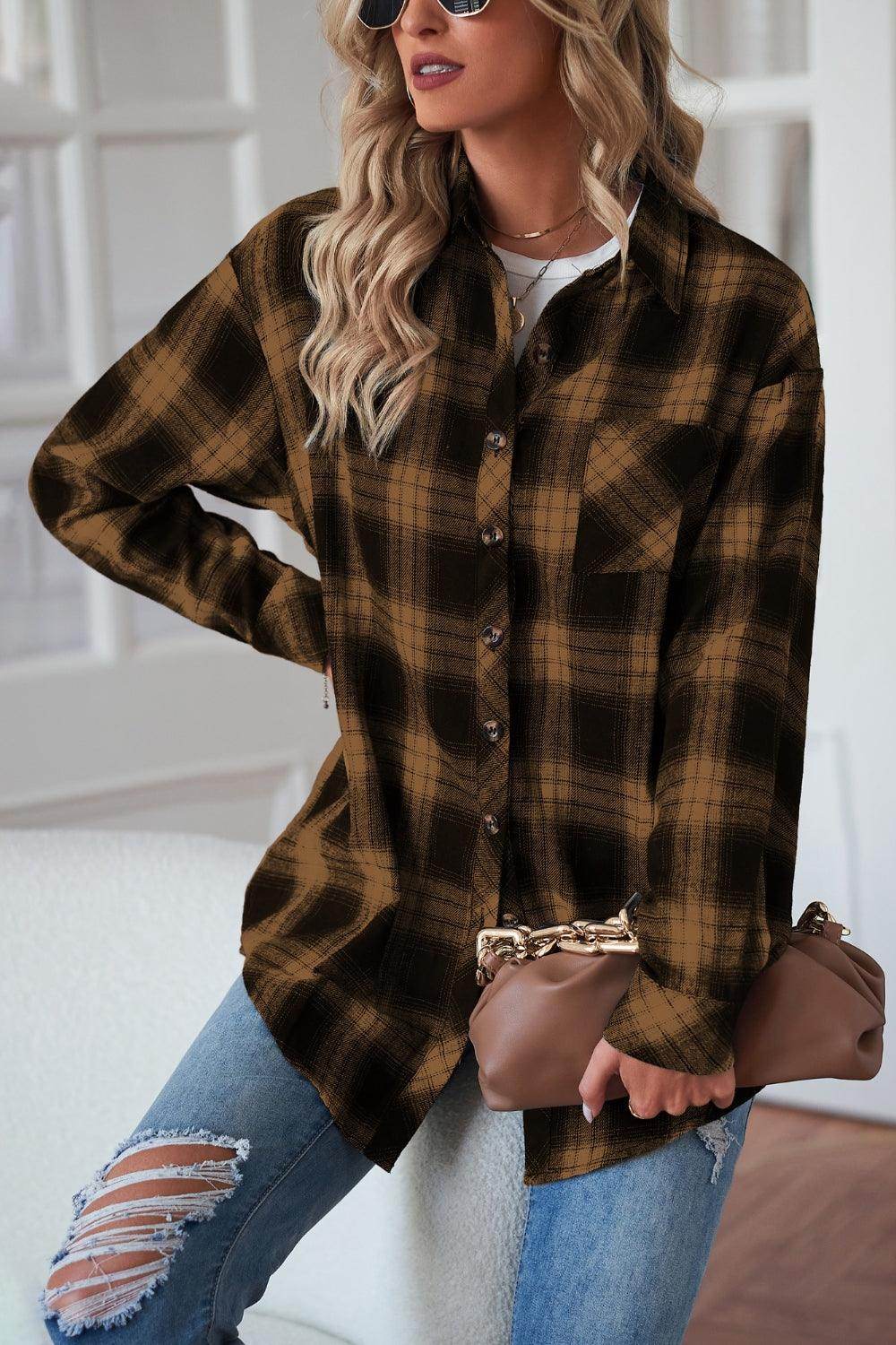 Plaid Button Up Dropped Shoulder Outerwear - VacationGrabs